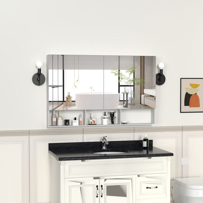 48X30 Medical Cabinet with Mirror, suitable for bathroom, wall-mounted bathroom mirror, with storage function, adjustable shelves, aluminum frame, surface-mounted, silver