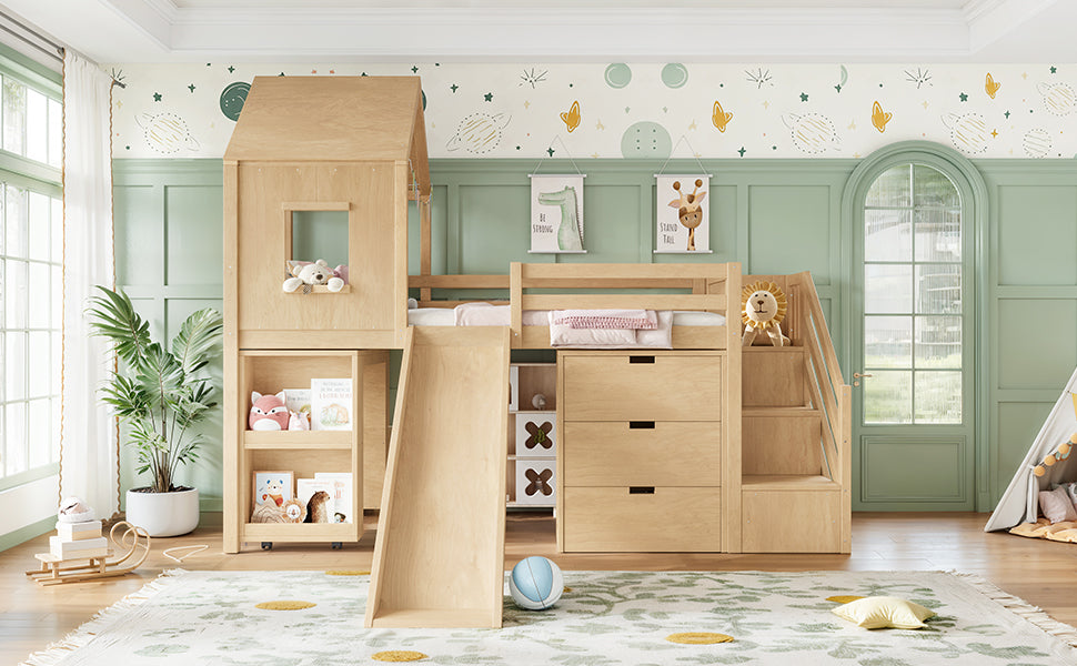 Twin Playhouse Loft Bed with Integrated Storage Drawers, Open Stair Shelves & Pull Out Desk, Kids Low House Loft Bed with Slide and Play Window, Natural