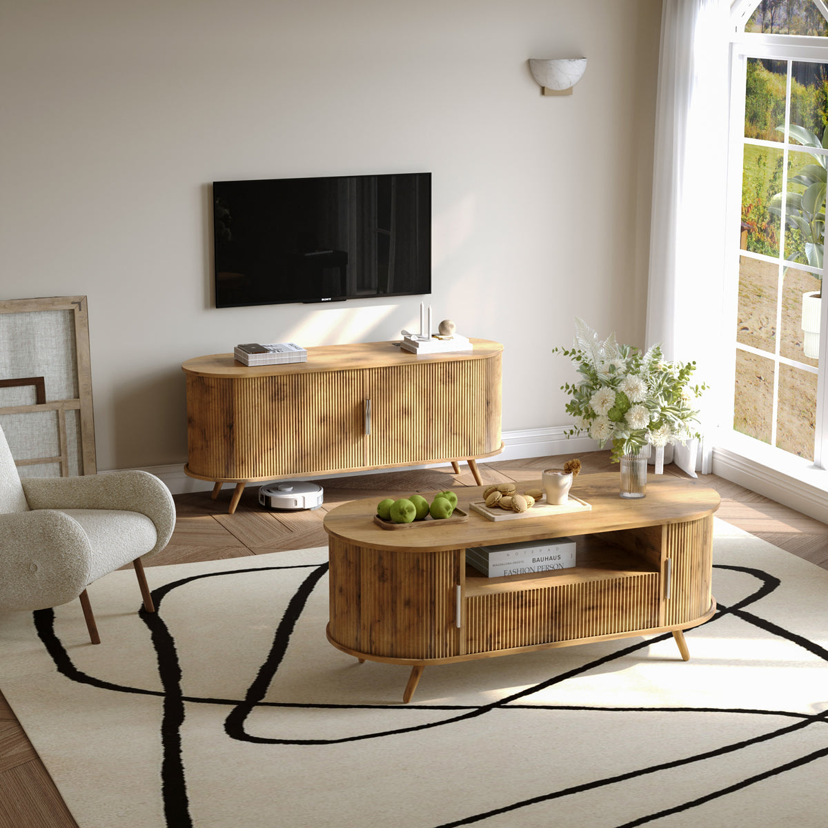 DFW 45.27 Inch Oval Coffee Table with Storage, AlsoCan be used as TV standMid Century Modern Coffee Table with Drawer, Center Table with Sliding Door and Wood Fluted Handle for Living Room, Nature Oak