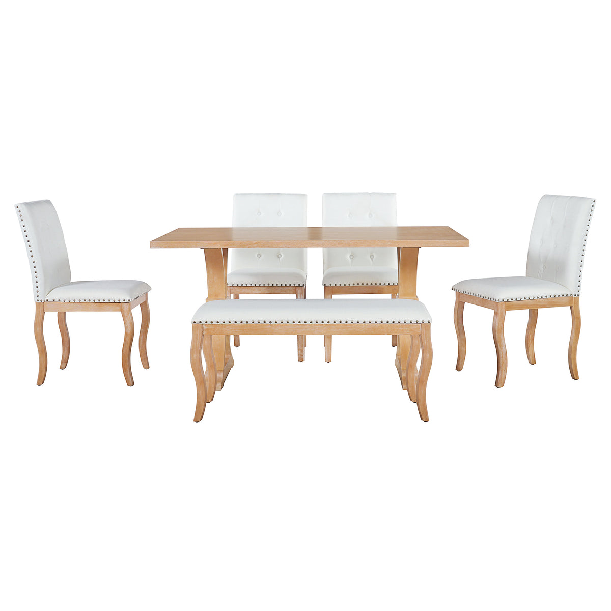 TREXM 6-Piece Dining Table Set with Bench, Oak Finish Dining Room Table Set with 4 Upholstered Button Tufted Chairs, Nailhead Trim, Curved Wood Legs, Farmhouse Kitchen Dining Furniture (Natural)