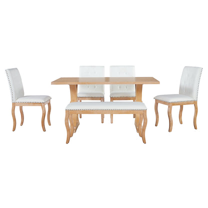 TREXM 6-Piece Dining Table Set with Bench, Oak Finish Dining Room Table Set with 4 Upholstered Button Tufted Chairs, Nailhead Trim, Curved Wood Legs, Farmhouse Kitchen Dining Furniture (Natural)
