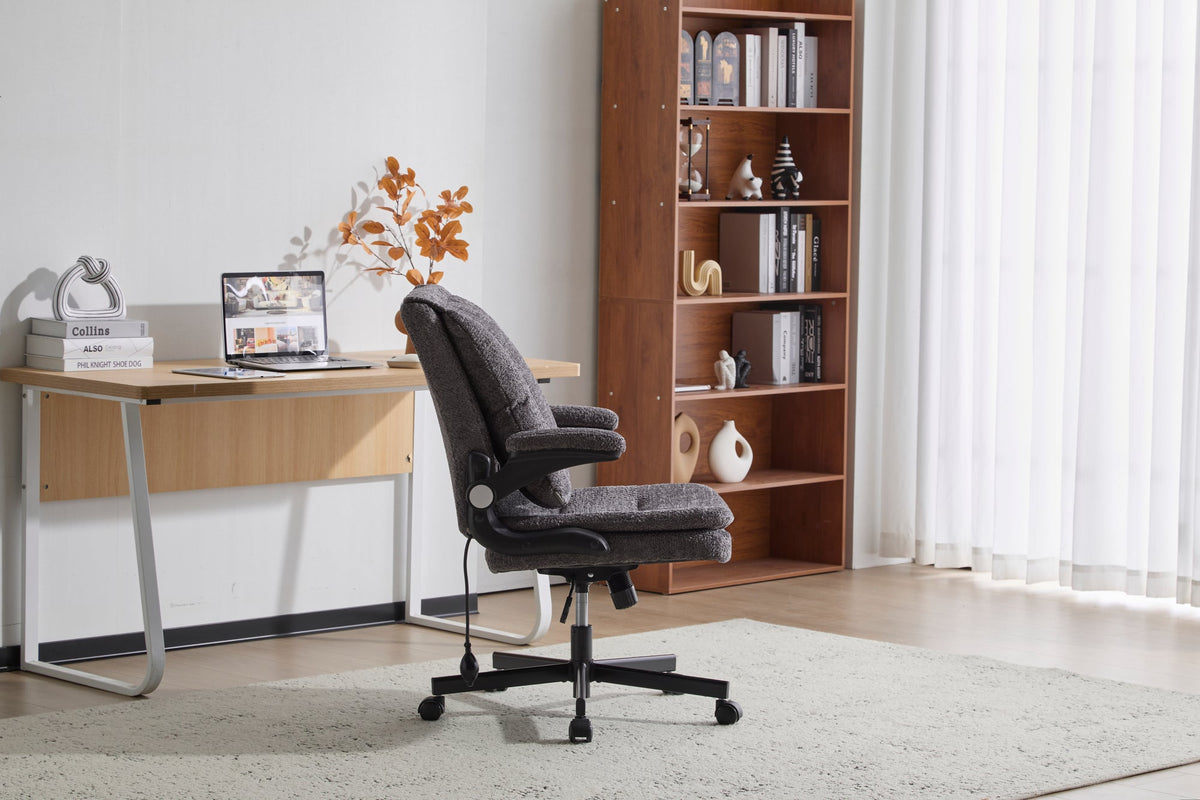 Criss Cross Legged Office Chair with Flip-Up Back Built-In Dynamic Airbag Lumbar Support, Wide Seat Desk Chair with Flip-Up Arms and Wheels, Modern Cross-Leg Chair for Home Office, Vanity,Gray.