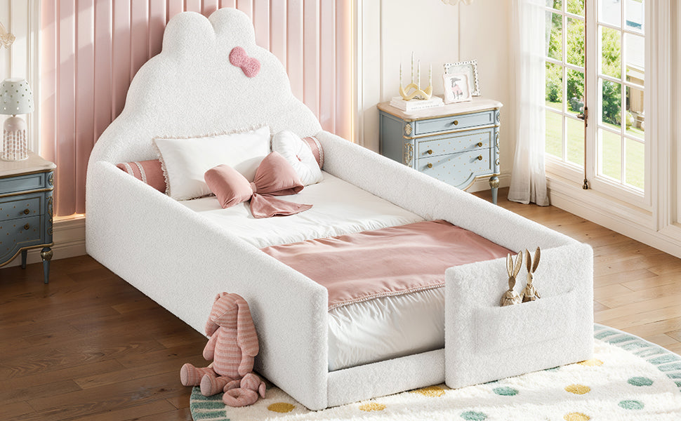 Twin Size Upholstered Floor bed, LowtoGround floor bed, Soft Padded Upholstered Kids bed, Safe Children Bed Frame with Side Storage Pocket for Kids.White