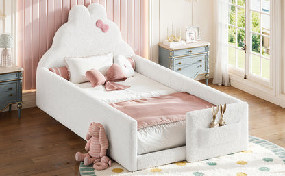 Twin Size Upholstered Floor bed, LowtoGround floor bed, Soft Padded Upholstered Kids bed, Safe Children Bed Frame with Side Storage Pocket for Kids.White