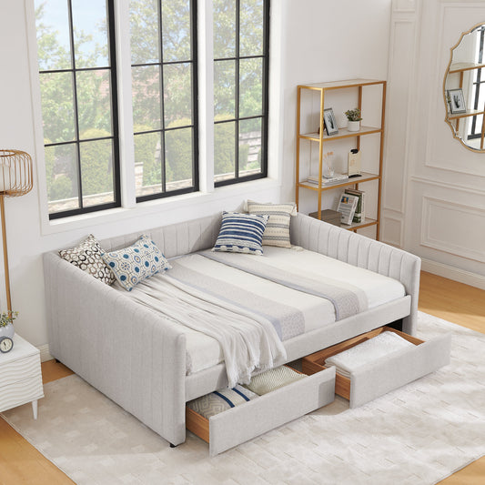 Queen Size Daybed with Two Drawers Trundle Upholstered Sofa Bed, with Vertical Stripes, Linen Fabric, Beige (86.5"x65"x30")(OLD SKU:W1413S00068)