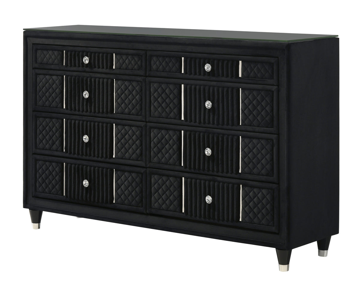 Contemporary 1pc Dresser Black Velvet Upholstery Textured Look Luxurious Feel Velvet Drawer Fronts Crystal-style Knobs