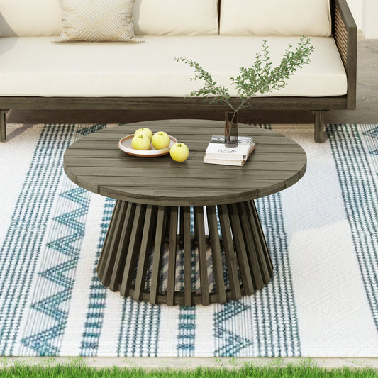 Outdoor Acacia Wood Patio Coffee Table, Round Coffee Table, Grey Finish