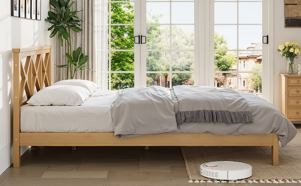 Queen Platform Bed with ''X'' Design Headboard, Bamboo-made Bed Frame Queen Size with Suppport Slats, Mid-century Style, Natural