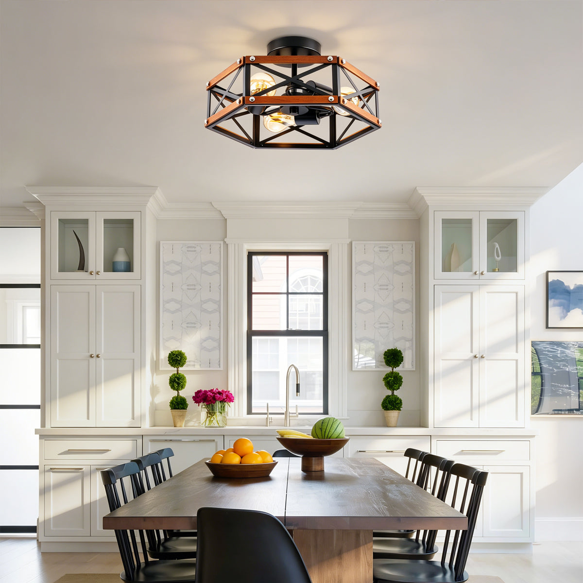Rustic Farmhouse Wood Flush Mount Ceiling Light Fixture 14.57 inch Wood and Metal Cage Semi Flush Mount Ceiling Light for Hallway Entry Dining Farmhouse Bedroom Living Room,--Matte Black