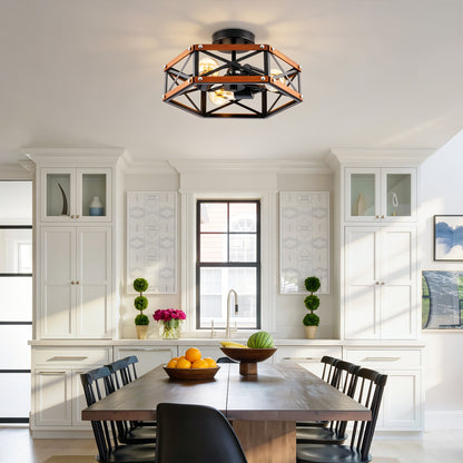 Rustic Farmhouse Wood Flush Mount Ceiling Light Fixture 14.57 inch Wood and Metal Cage Semi Flush Mount Ceiling Light for Hallway Entry Dining Farmhouse Bedroom Living Room,--Matte Black