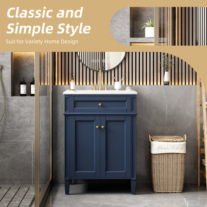 Modern Blue Bathroom Vanity with 2 Doors and Tip-Out Drawer, Ceramic Sink, Soft-Closing Hinges, Solid Wood Frame, 24'
