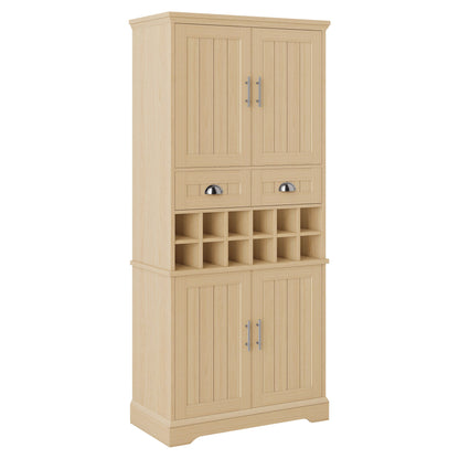 70.9" Tall Farmhouse Wine Storage Cabinet, Removable 12-Bottle Wine Rack, 2 Spacious Drawers, 4 Door Shelves, Adjustable Shelves & 2-Tier Storage Cabinets for Kitchen, Dining Room,Natural