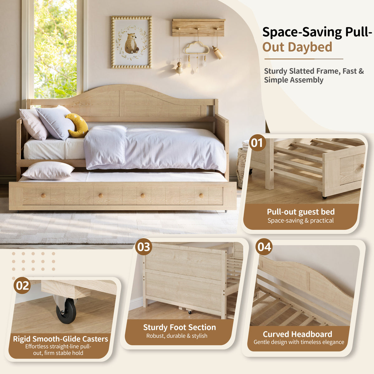 Twin Solid Wood Daybed with Drawer Rolling Trundle, Multi-Purpose Single Sofa Bed for Bedroom Living Room,Natural