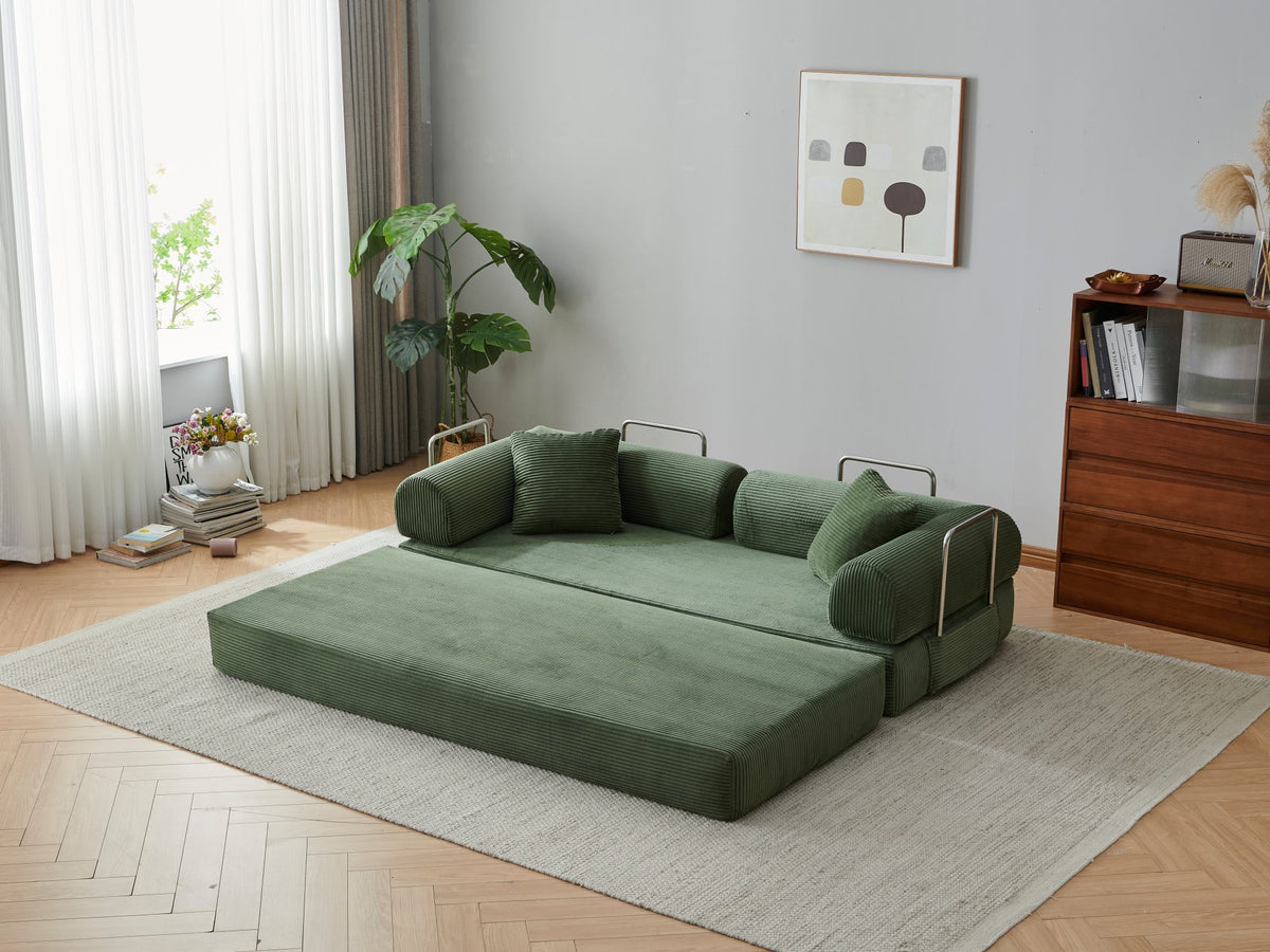 78.8' Compression Sofa,Convertible Floor Sofa Bed-with Pillow Back Support Armrest,Comfy Futon Couch Sleeper Bed,Loveseats Boneless Modular Sectional Sofa,Corduroy fabric,for Living Room,Bedroom,Green