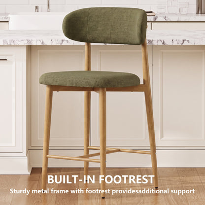 Counter Height Bar Stools Set of 2, Upholstered Counter Stools Modern Barstools with Metal Legs for Kitchen Island Dining Room, Green