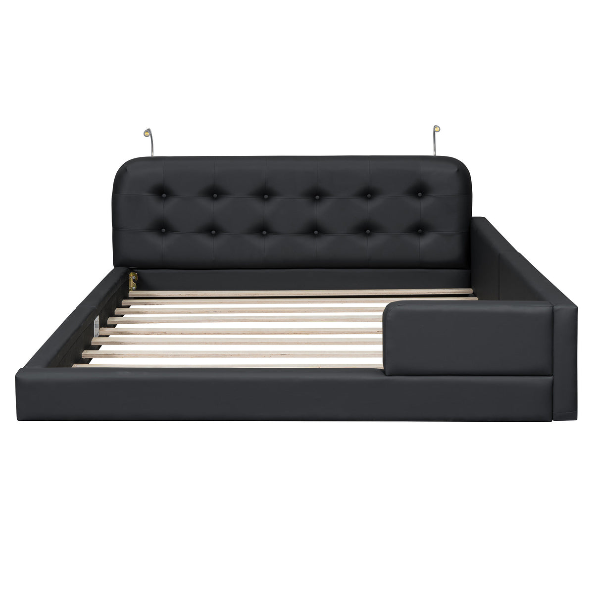 Queen Size Upholstered Platform Bed with 2 Reading Lights, Black