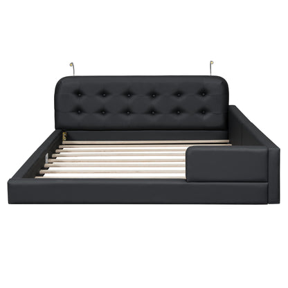 Queen Size Upholstered Platform Bed with 2 Reading Lights, Black