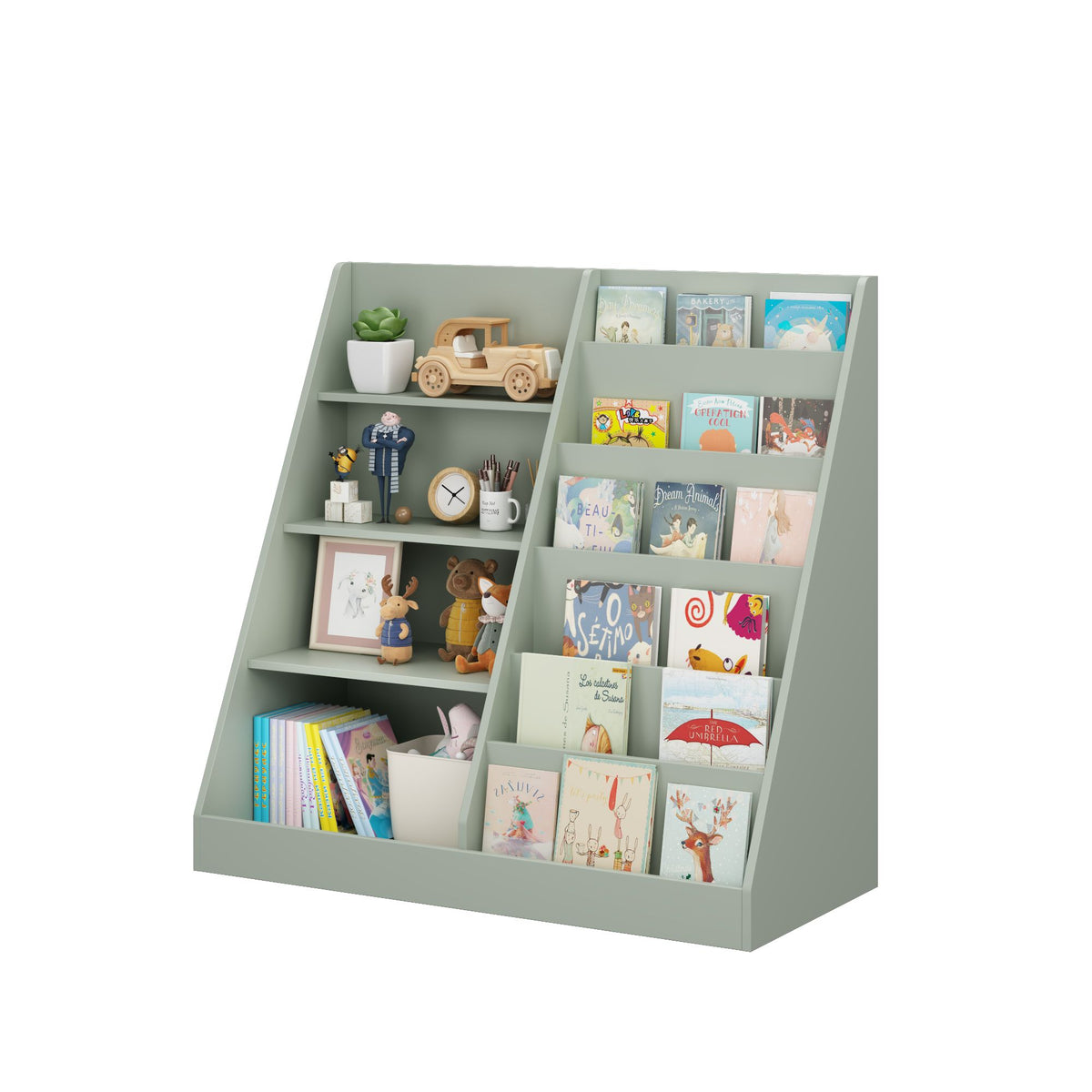 Kids Bookshelf and Toy Storage Organizer, Multifunctional 4 Tier Wooden Kids Book Shelf with  Bookcase Display Stand in Kids Room Playroom Nursery for Kids, Children, Toddlers (Sage)