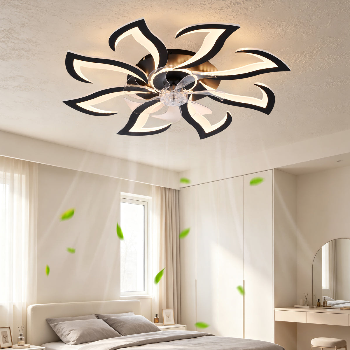 Black Flower Modern Ceiling Fan with LED Dimmable Light, 32inch Flush Mount Ceiling Fan with Remote Control for Bedroom, High-Efficiency DC Motor, 6-Speeds, Timing Function