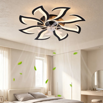 Black Flower Modern Ceiling Fan with LED Dimmable Light, 32inch Flush Mount Ceiling Fan with Remote Control for Bedroom, High-Efficiency DC Motor, 6-Speeds, Timing Function