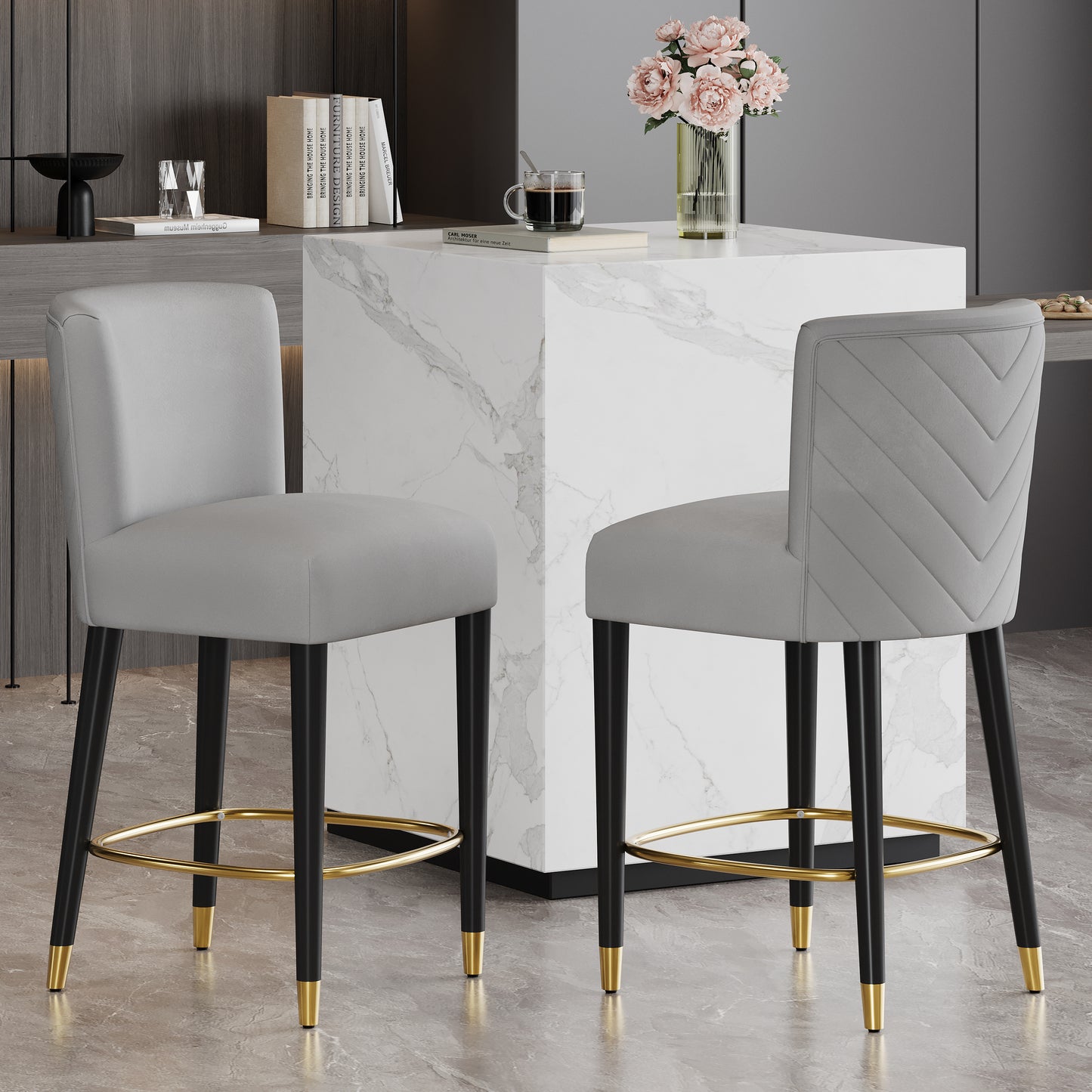 27inch-counterstool, modern design with a smooth, light - colored fabric and circular footrest with a gold - colored finish,creates a sophisticated and luxurious look--Grey