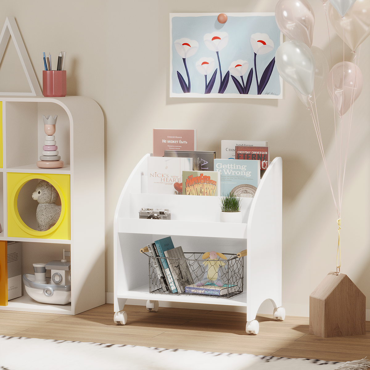 Kids Bookshelf with Wheels, 3-Tier Front Display Bookcase, MDF Rolling Book Organizer with 360° Lockable Casters, Children Storage Shelf for Nursery Bedroom Playroom