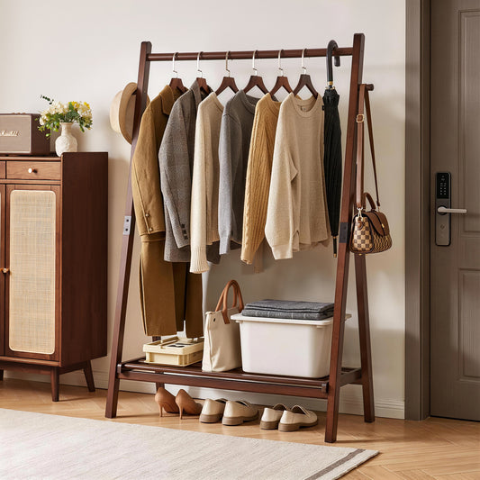 Heavy‑Duty Solid Wood Freestanding Clothes Rack, 39.37'×17.72'×62.4', A‑Shaped Garment Hanger Stand with Bottom Storage Shelf & Side Hooks, Clothing Display Rack for Bedroom, Hallway