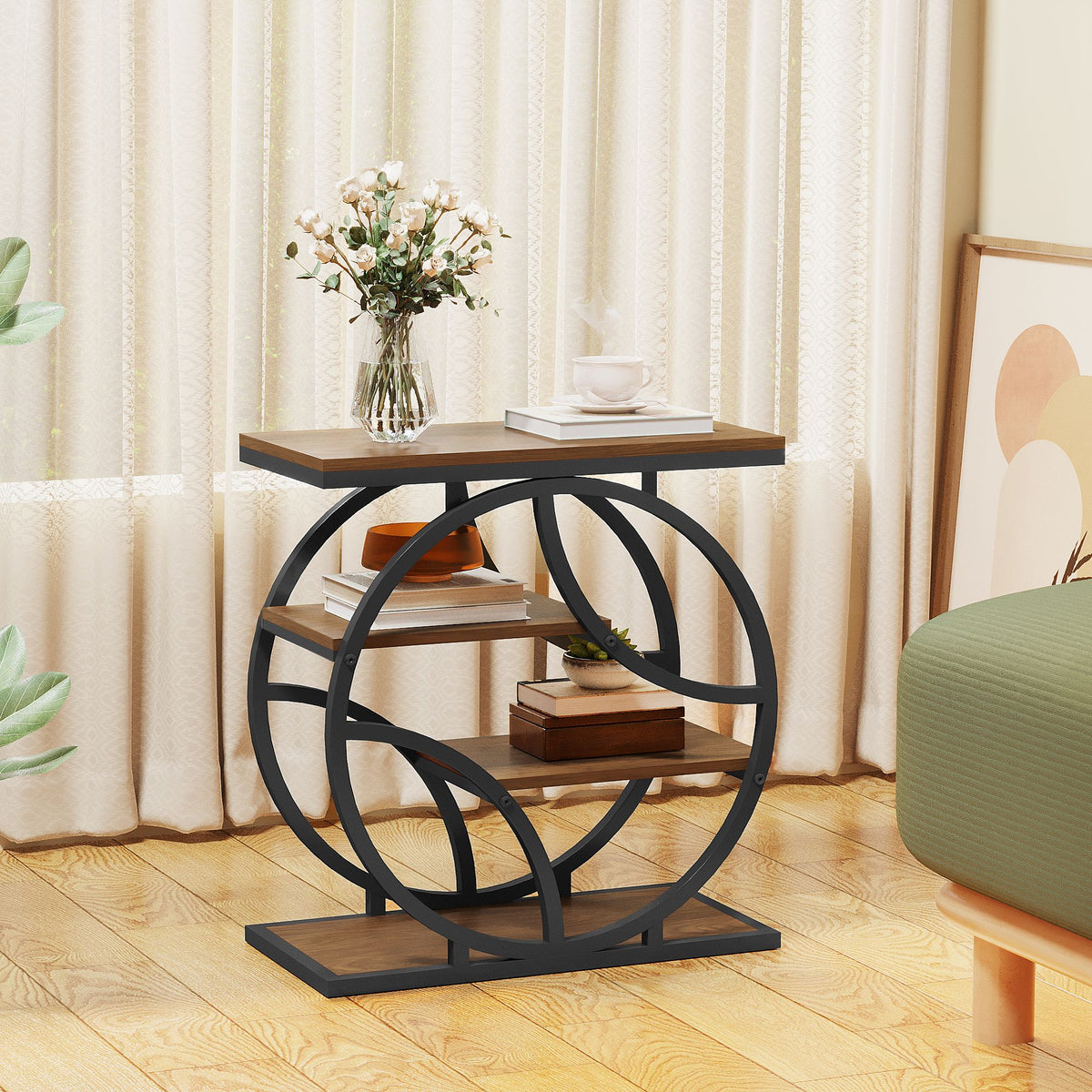 4-Tier Side Table with Storage, 25.6" Narrow End Table, Industrial Plant Stand & Nightstand, Geometric Metal Frame Accent Table for Living Room, Bedroom & Small Spaces, ( Brown)