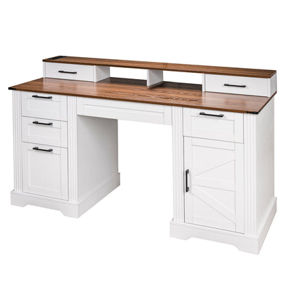 White Farmhouse Office Desk with Charging Station, Monitor Stand & Storage Cabinet, Barn Door Design, MDF, 59.5' L x 21' W x 35.8' H
