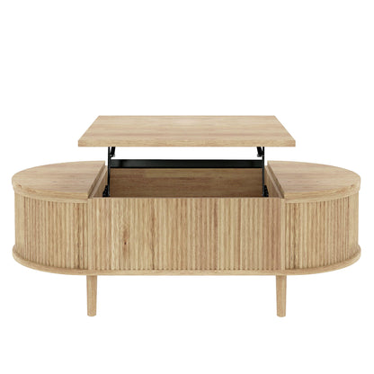U-Can Minimalist Oval Lift-Top Coffee Table with Hidden Storage and Wood Wave Grain Finish