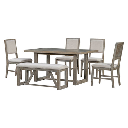 TREXM 6-Piece Retro Dining Table Set for 6, 60" Wood Kitchen Table and Chairs Set of 4 with Bench Designed Trestle Base - Gray – Oak
