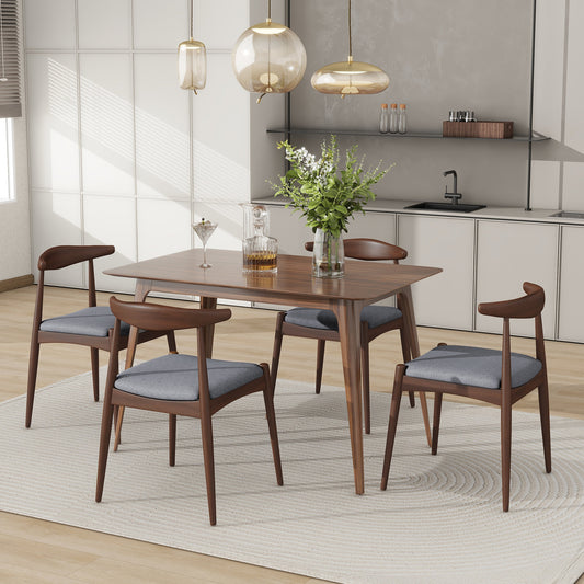 Retro-Elegant 5-Piece Dining Set with Rubberwood Frame, Faux Wood Tabletop in Walnut and Light Gray, 1 Table 4 Chairs
