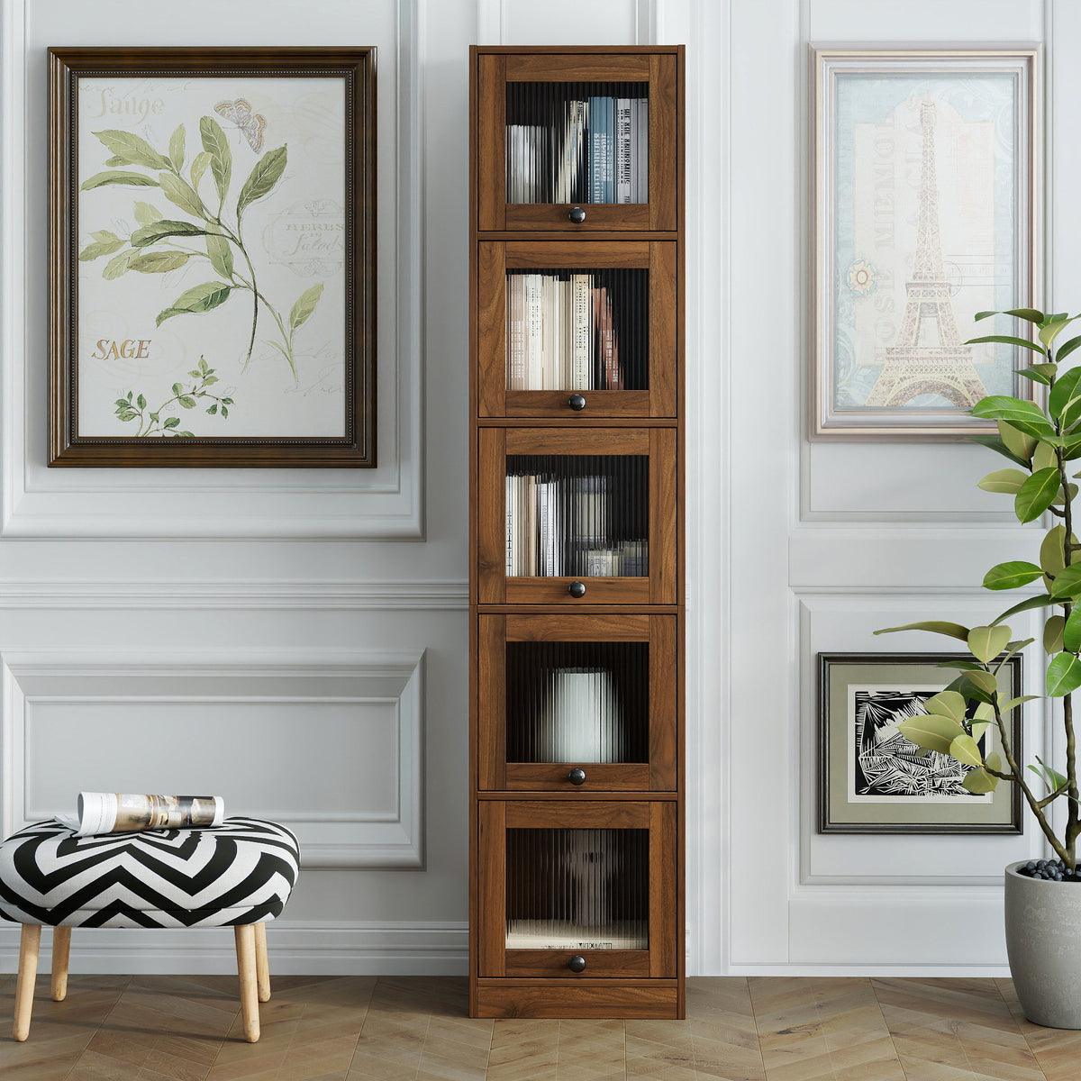 5-Tier Slim Tall Bookcase, Narrow Storage Cabinet with  Glass Flip Up Doors, Freestanding  Display Bookshelf, Vertical Corner Storage Organizer for Living Room, Bedroom, Home Office