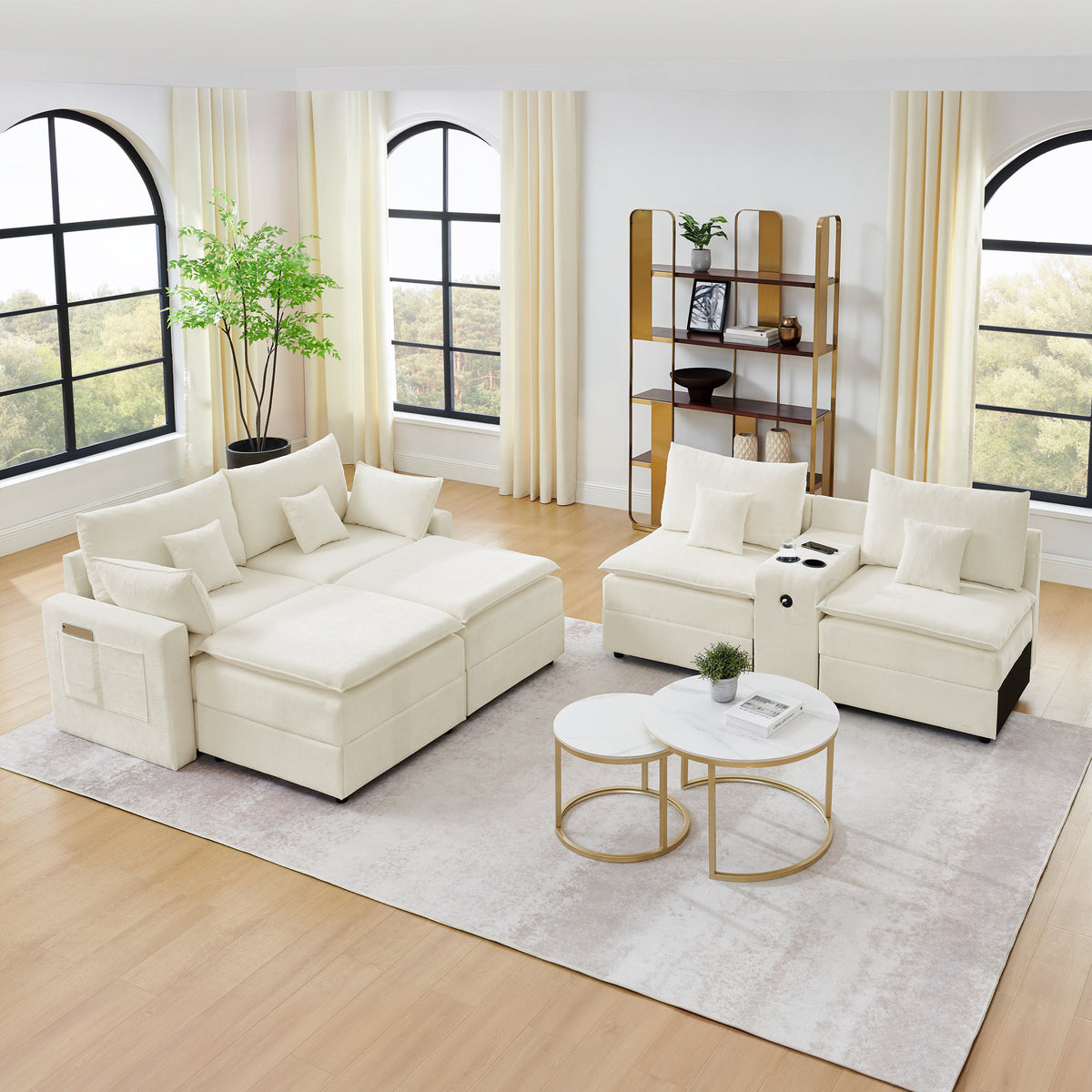 143.8'' U-shaped Modular Sectional Sofa with Center Console, Cup Holder, USB Charger,Movable Ottoman,Modern Comfy 4-6 Seater Chenille Cloud Couch for Spacious Living Room, Beige