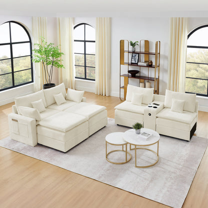 143.8'' U-shaped Modular Sectional Sofa with Center Console, Cup Holder, USB Charger,Movable Ottoman,Modern Comfy 4-6 Seater Chenille Cloud Couch for Spacious Living Room, Beige