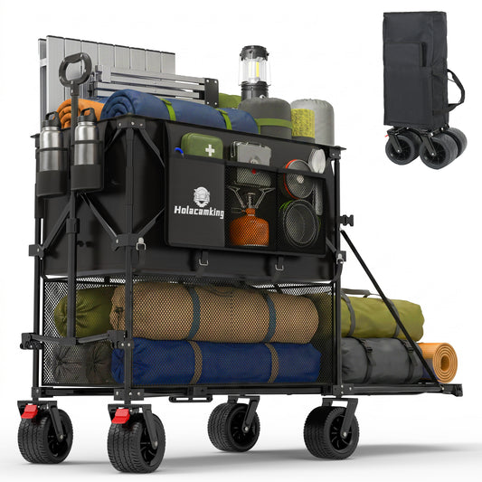 480L Double Decker Wagon, 58' L Extended Foldable Utility Cart with Tailgate, Big All-Terrain Wheels with Brakes, 520lbs Heavy Duty Collapsible Wagon for Camping Beach Sports Grocery Pets