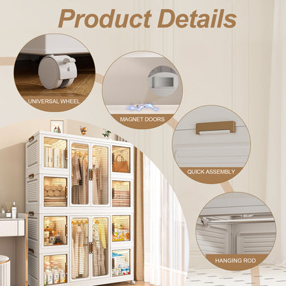 Portable Wardrobe Closet Storage Organizer for Clothes with Magnetic Doors, 12 Cubes & 2 Hanging Rods, White