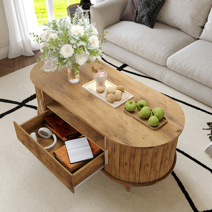 DFW 45.27 Inch Oval Coffee Table with Storage, AlsoCan be used as TV standMid Century Modern Coffee Table with Drawer, Center Table with Sliding Door and Wood Fluted Handle for Living Room, Nature Oak