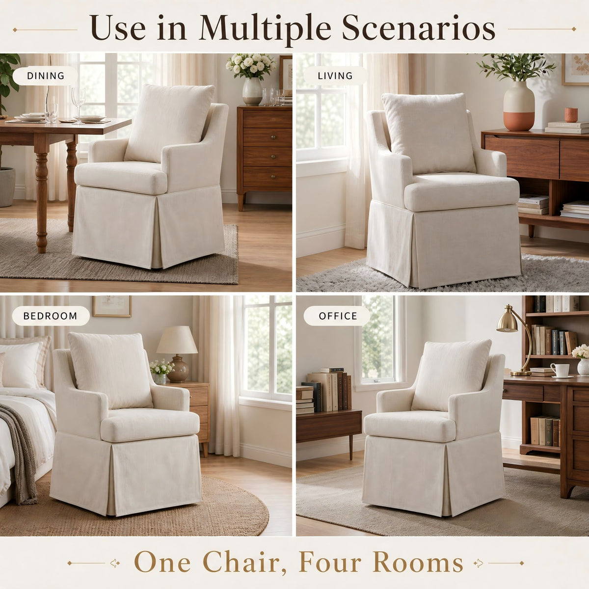 Upholstered Dining Chairs Set of 1, Modern Kitchen Chair Dining Room Chair with 4 Casters, Linen Armchair for Bedroom Reading Room Living Room, Beige