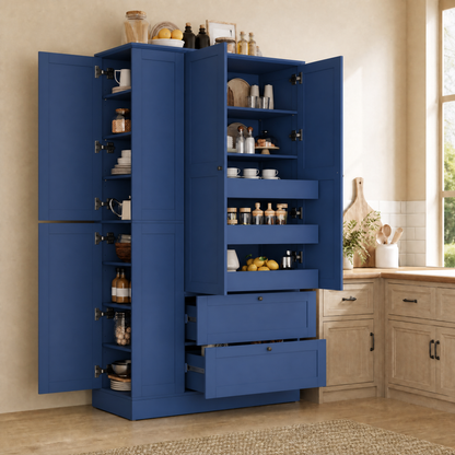 TOPMAX 73.6" Tall Farmhouse Kitchen Pantry Cabinet with 8 Shelves, 2 Drawers, 3 Pull-Out Trays, 4 Doors and Side Cabinets, Blue