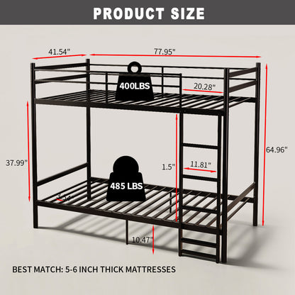 Twin Over Twin Metal Bunk Bed, Heavy Duty Bed Frame with Anti-Slip Ladder & Tall Safety Guardrails, Space-Saving Bunkbeds with Under-Bed Storage for Kids Teens Adults, Black