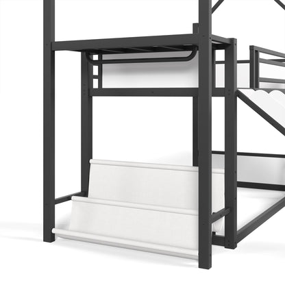 Twin Over Twin Metal Bunk Bed with Slide, LED Clothing Hanging Area, Fabric Storage Shelf & Power Outlet, Childlike Playhouse bunk bed Frame with low-profile design for Kids Girls,boys, Black