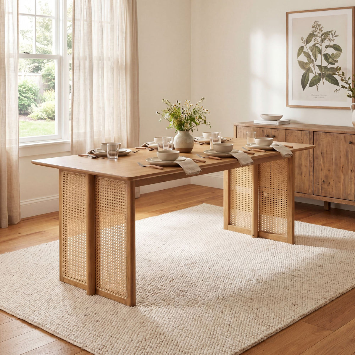 Natural Rubber Wood Dining Table with Natural Plastic Rattan Accents – 70.87''L Indoor Kitchen Table, 800 lbs Capacity