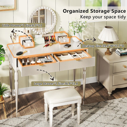 Luxury Vanity Desk with Round Mirror,Height-Adjustable, Stylish Dressing Table Set, 4 Drawers & Stool, Champagne