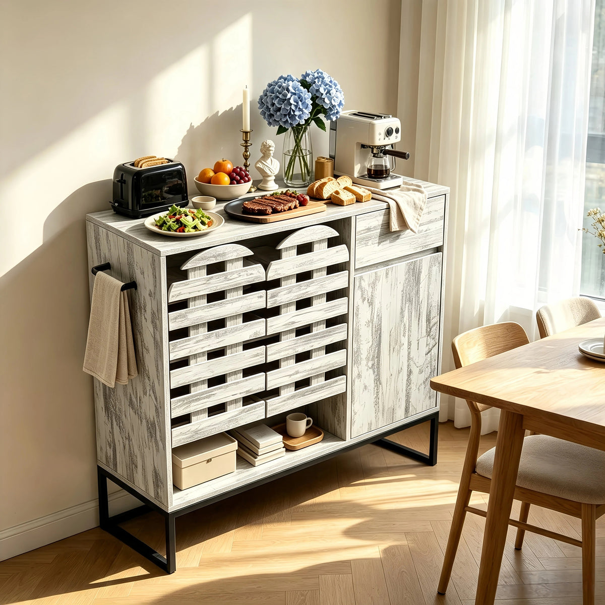 44.3'Farmhouse Sideboard Cabinet with Storage,Coffee Bar Console Table With Storage,rustic storage cabinet with arched lattice doors and drawer -  for Living Room,kitchen, Entryway retro white