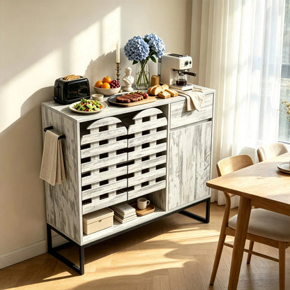 44.3'Farmhouse Sideboard Cabinet with Storage,Coffee Bar Console Table With Storage,rustic storage cabinet with arched lattice doors and drawer -  for Living Room,kitchen, Entryway retro white