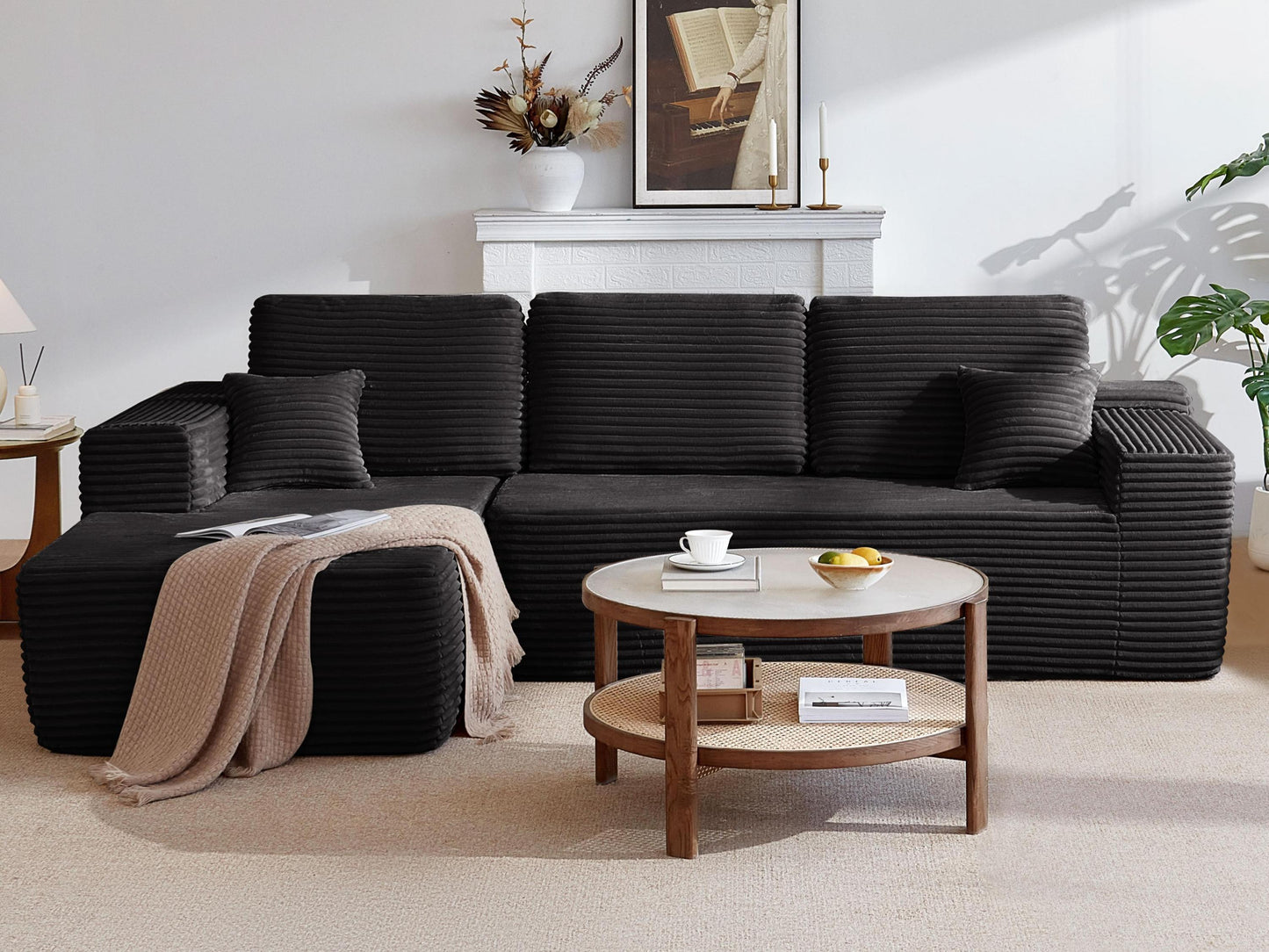 104' Cloud Sectional Sofa with L-Shape Chaise and Side Pockets , Modern Modular Design, Deep Seating, Upholstered Couch for Living Room/Bedroom, No Assembly Required (Plush Fabric), Black, Left-facing