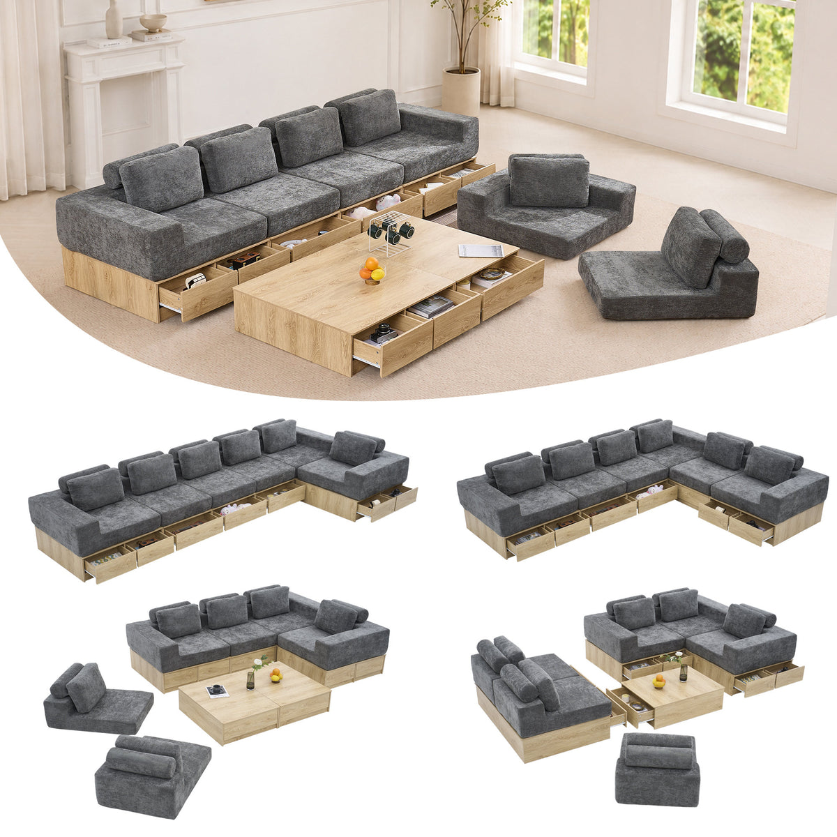 6-seat Modular Sectional Sofa with Storage Drawers, Multi-Functional L-Shaped Couch with Built-In Cabinet Base and Center Table Design, Convertible Combination Sofa Set, Modern Upholstered Sofa
