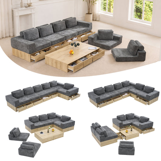 6-seat Modular Sectional Sofa with Storage Drawers, Multi-Functional L-Shaped Couch with Built-In Cabinet Base and Center Table Design, Convertible Combination Sofa Set, Modern Upholstered Sofa