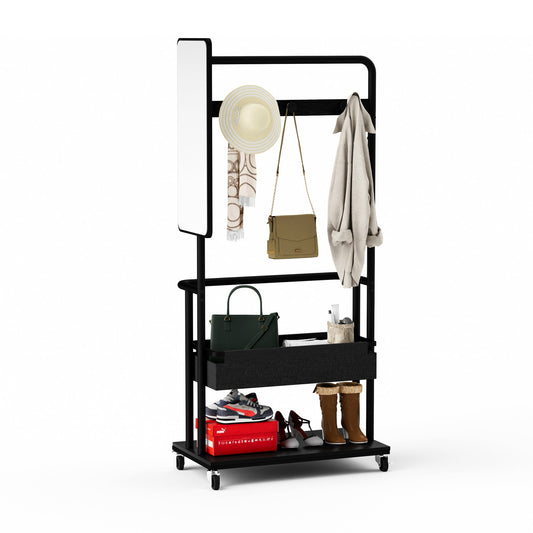 Sturdy metal coat rack with casters, 3-in-1 design, includes a basket and mirror, hanging coat rack, mobile coat rack with casters, large storage capacity, Black, 27.6″L x15.7"W x 67.0"H
